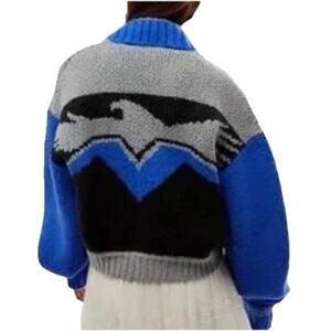 Free People Lucky Sweater Bomber Jacket Sz L Womens Cobalt Slate Combo Oversized